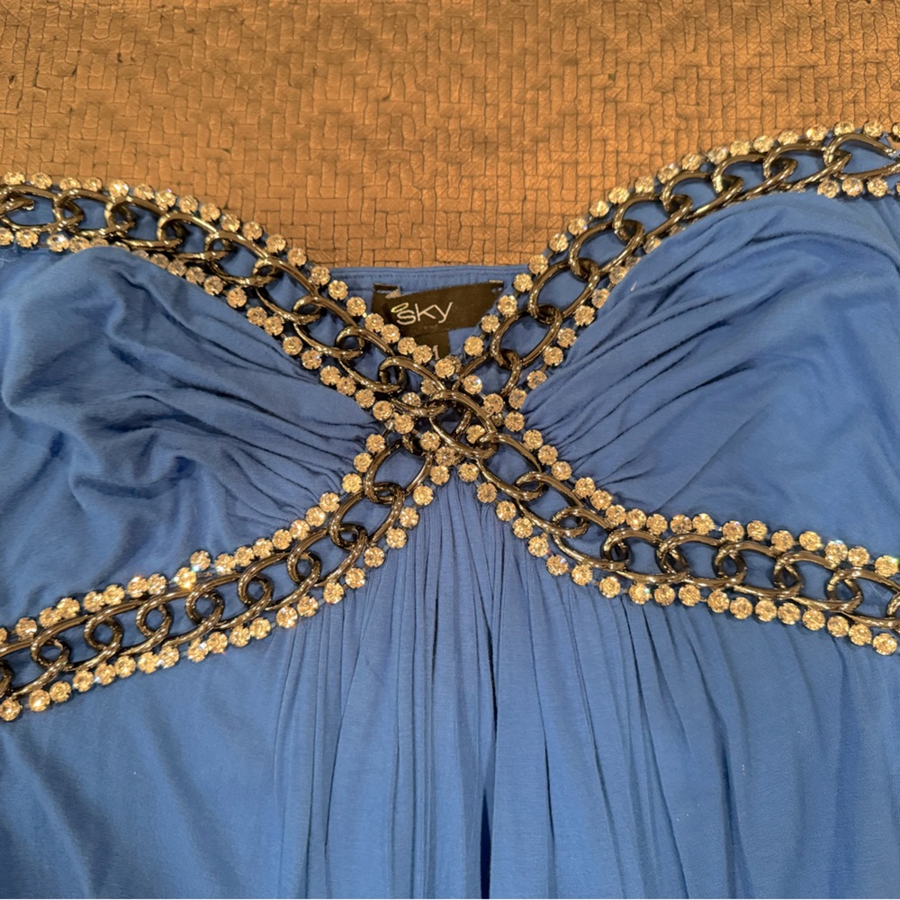 Sky mini dress: Blue with black and diamond embellishments. Stunning!
